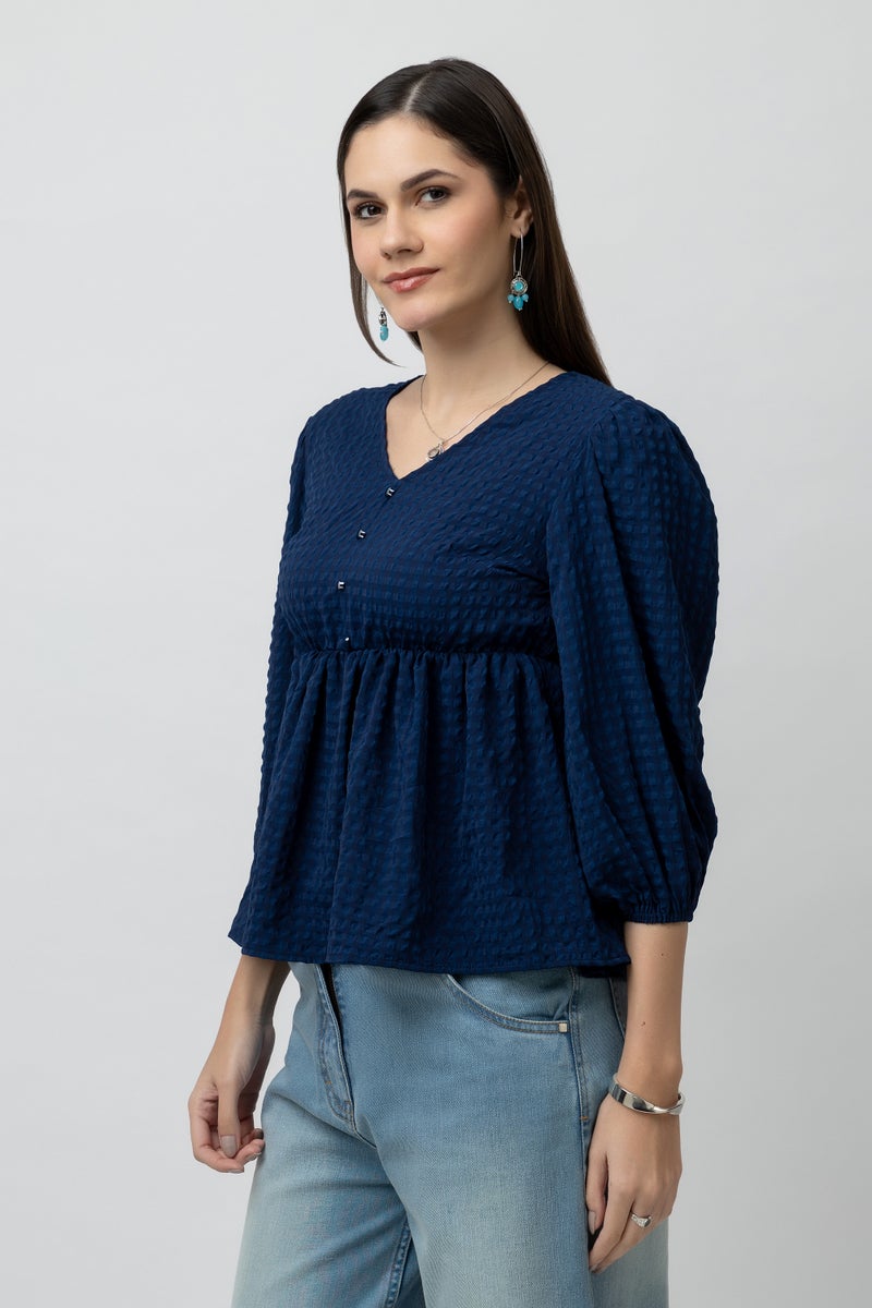 7OUNCE Blue Women's V-Neck Textured Peplum Top - Image 4